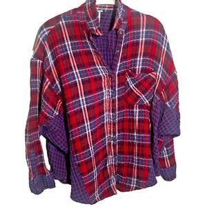 Free People Red Mixed Plaid Oversized One Of The Guys Flannel Button Down S Boho